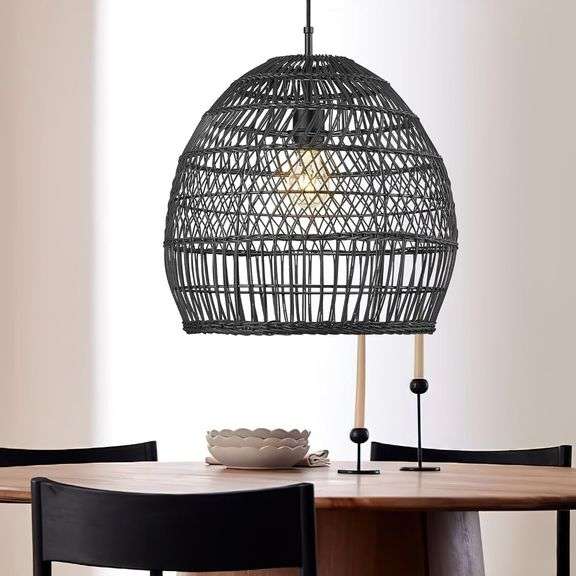Modern Rattan Pendant Light, 16” Large Wicker Chandelier, Hand-Woven Boho Basket Coastal Hanging Light Fixtures for Farmhouse Dining Room Kitchen Island Living Room Bedroom Foyer, Black