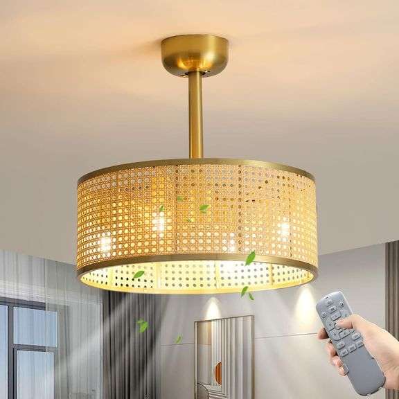 18" Caged Ceiling Fan with Lights and Remote Control, Gold Rattan Ceiling Fan with Reversible Motor, 6 Speeds, Timer, Chandelier Ceiling Fan Light Kit for Bedroom, Living Room, Kitchen