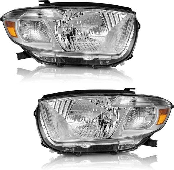 Headlights Assembly Compatible with 2008-2010 Toyota Highlander Sport Utility, Chrome Housing Amber Reflector Left+Right Side