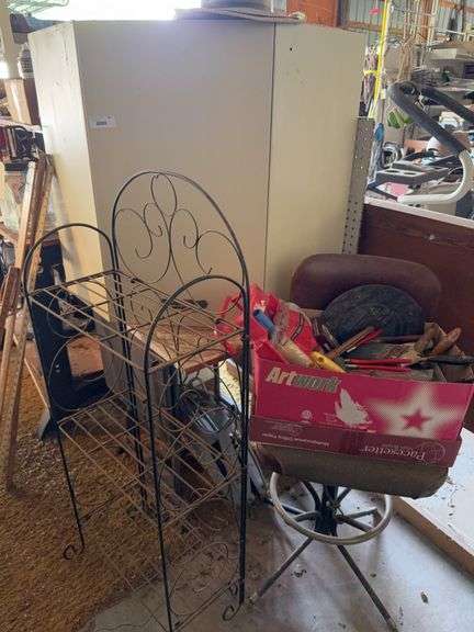 Household Assortment: Metal Cabinet, Plant Stand, Table, and Paint Supplies image