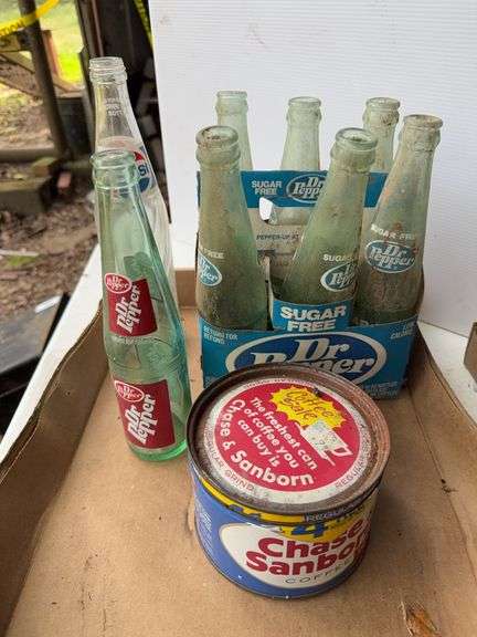 Sugar Free Dr. Pepper Soda Bottles with Carrier & Chase Sanborn Coffee Can image