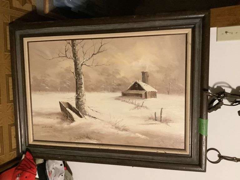 Framed Winter Landscape Oil Painting image