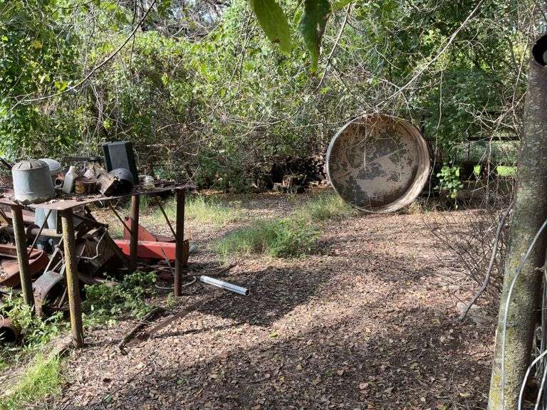 Assorted Metal and Farm Related Scrap Items incl log splitter, round water tank, fence, etc image