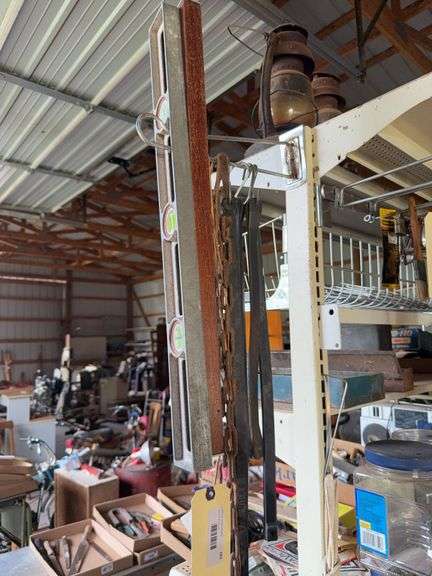 Lot of Wood Level, Blacksmith Tongs, and Chain image