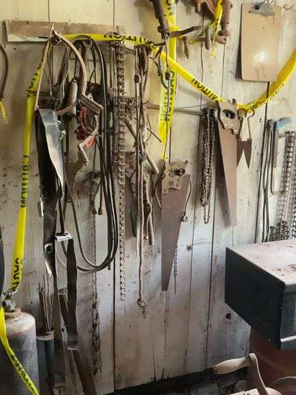 Assorted Chains, Saw Blades, and Storage Box image