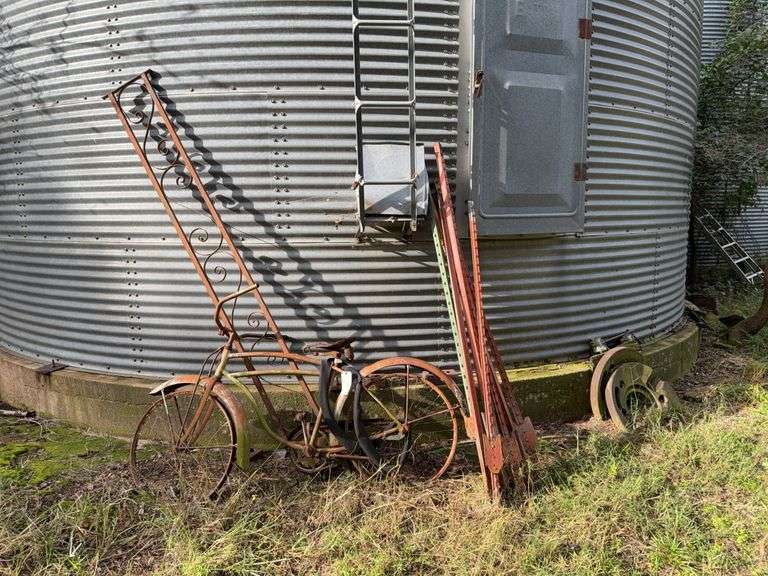 Assorted Farm Salvage: Steel Frame Trailer, Decorative Bike, Wheels and More image