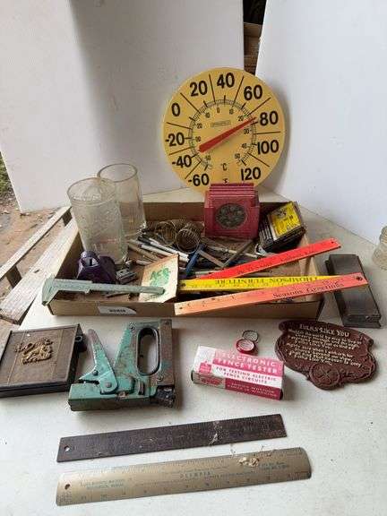 Box Lot of Advertising Collectibles: Thermometer, Glassware, Advertising Rulers, and More image