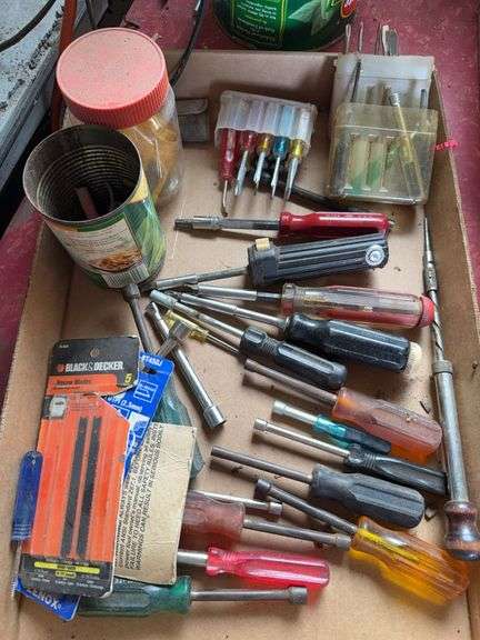 Mixed Lot of Screwdrivers, Socket Wrenches, and Jigsaw Blades image