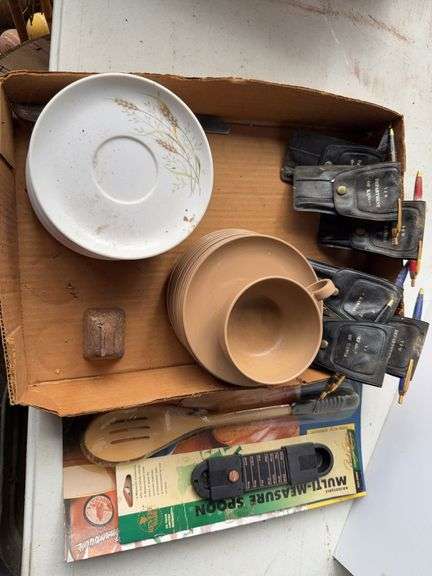 Box Lot: Plates, Cup Saucer Set, VFW Pen Sets, and Kitchen Utensils image