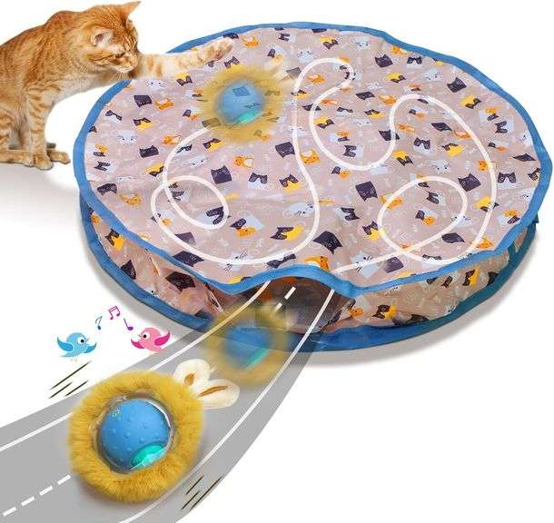 Interactive Cat Toys Ball Fast Rolling in Pouch, Motion Activate Chirping Cat Toy Hide and Seek Mouse Catching Game (Blue) image