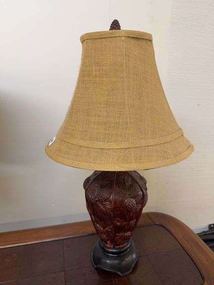 Decorative Table Lamp with Burlap Shade and Carved Base image