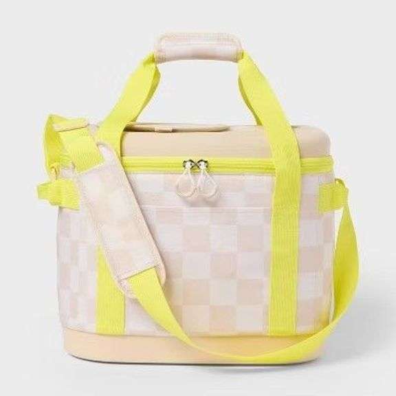 24 Cans/20.7qt Soft Sided Cooler - Sun Squad Beige Checkered/Yellow: Adjustable Straps image