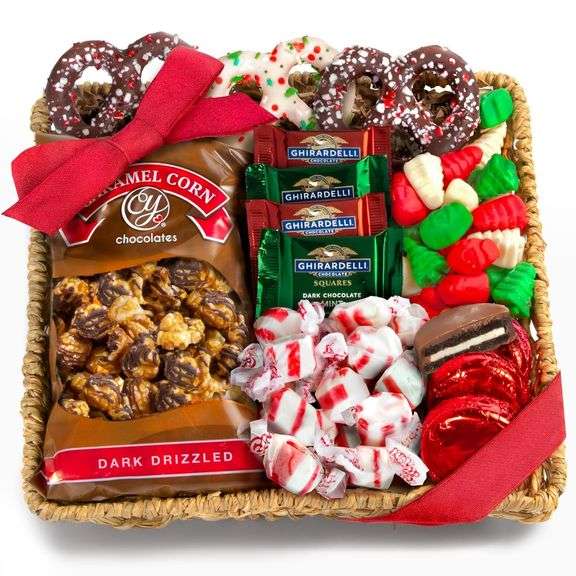 A Gift Inside Holiday Classic Chocolate, Candy & Crunch Gift Basket With Handmade Chocolates, Ghirardelli, Caramel Corn for Gourmet Christmas Food Gift image