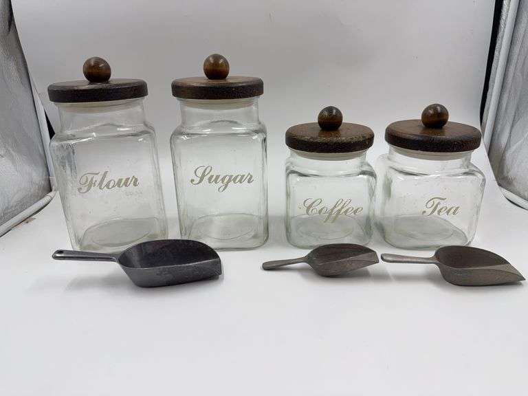Glass Kitchen Canister Set with Wooden Lids and Metal Scoops - Flour, Sugar, Coffee, Tea image