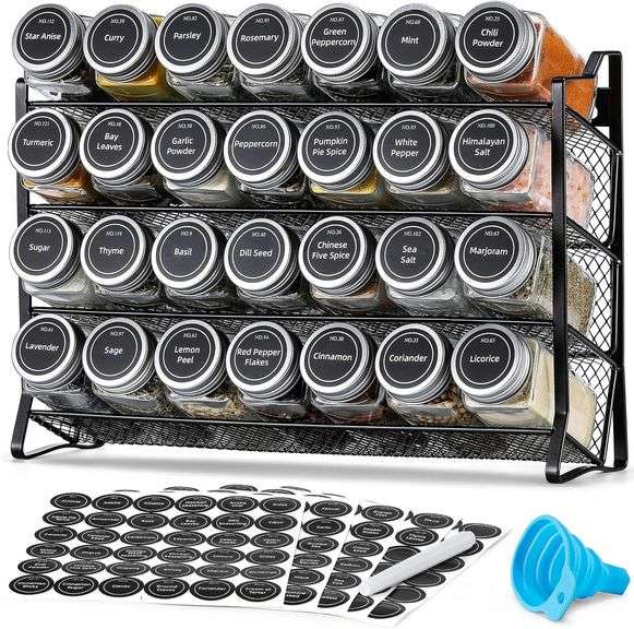 AOZITA Spice Rack Organizer with 28 Empty Spice Jars with Silver Lids, Funnel, Labels - Seasoning Organizer for Countertop, Cabinet, Kitchen, Pantry image