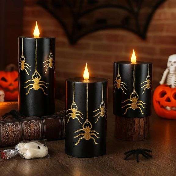 Halloween Spider Black Flameless Candles - 3PCS 3in x 4/5/6 in - Real Wax image