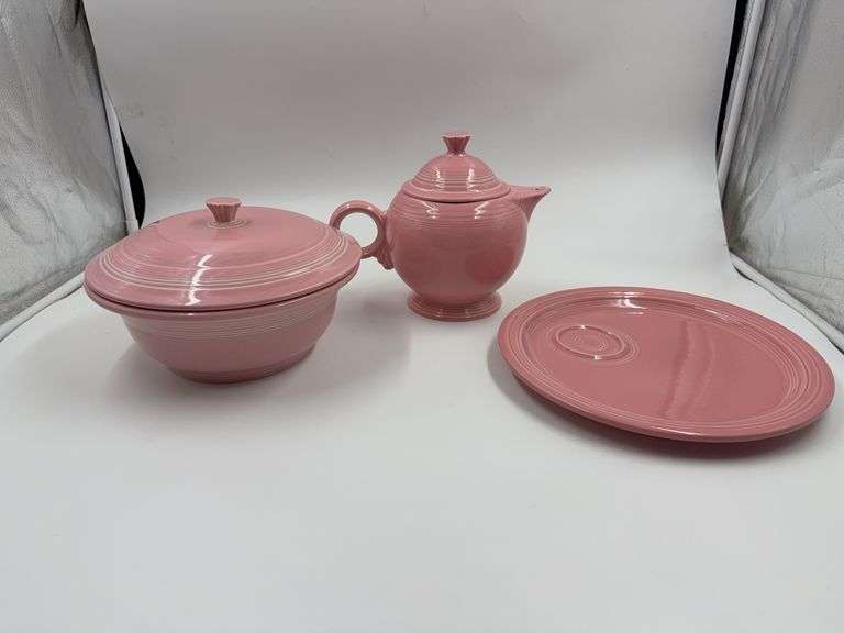 Fiesta Rose Pink Teapot, Sugar Bowl with Lid, and Platter image