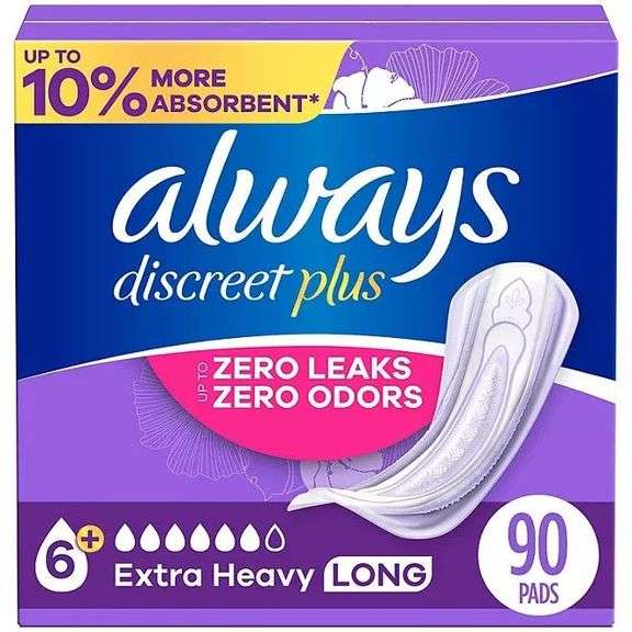 Always Discreet plus Incontinence Pads for Women,Extra Heavy Long, 90 ct. image
