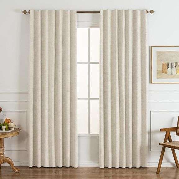 100% Blackout Bedroom Curtains-Thermal Insulated Room Darkening Window Drapes, 84" (7ft) 2 Panels, Natural Linen Blend Fabric with Boho Farmhouse Drapes with Back Tab Rod Pocket, Cream image