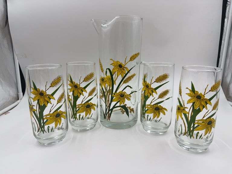 Floral and Wheat Design Pitcher and Glasses Set image