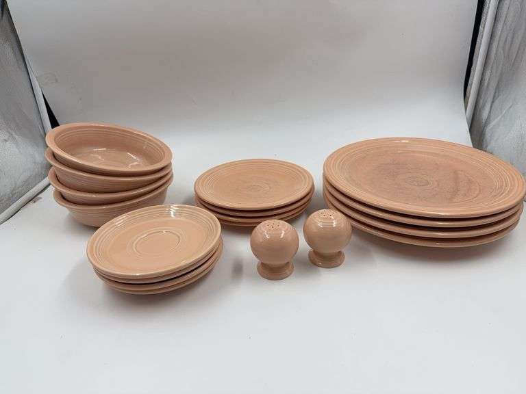 Fiesta Ware Lot Peach Tone: Plates, Bowls, Saucers, and Salt & Pepper Shakers image