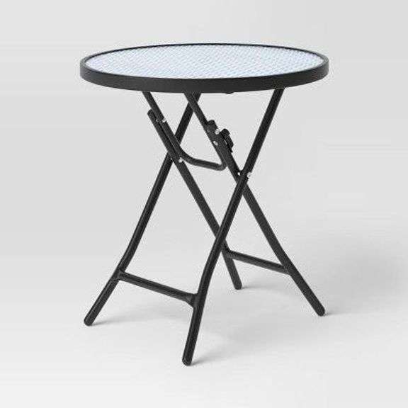 Glass Round Printed Folding Outdoor Portable Side Table Blue/White/Black - Room Essentials image