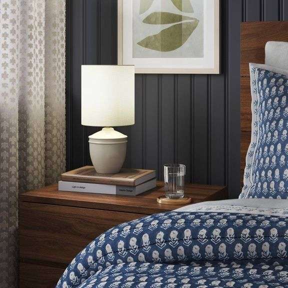 (2) Mini Ceramic Table Lamp Ivory - Threshold : Ribbed Base, Polyester Drum Shade, E26 Socket image