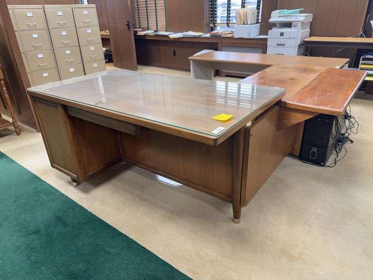 Wood Office Desk with Glass Top and Drawer Sets image