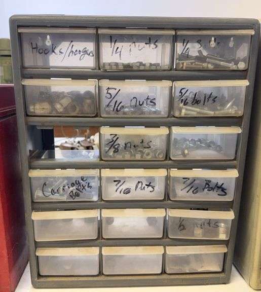 Hardware Organizer Cabinet with Assorted Bolts, Nuts, and Fasteners image