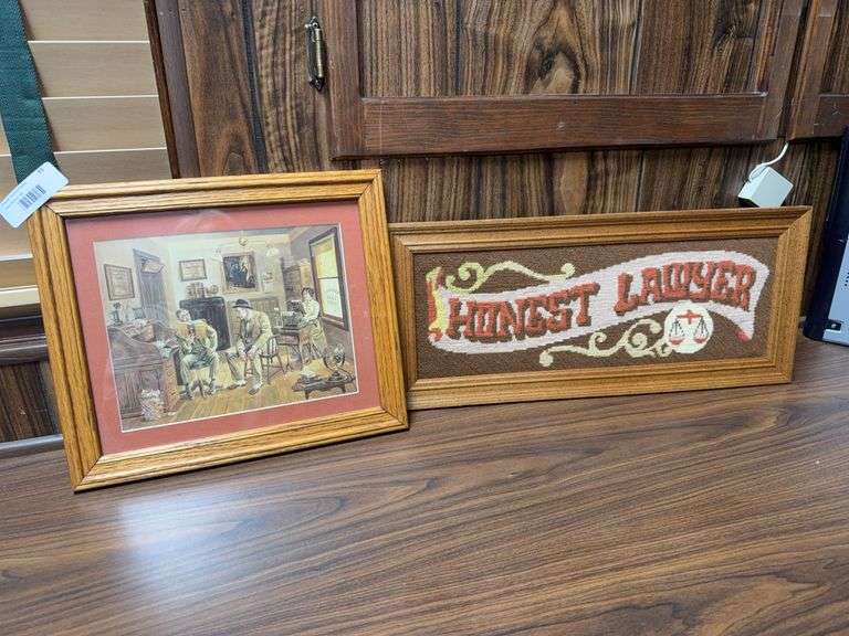 Framed Office Scene Print and 'Honest Lawyer' Needlepoint image