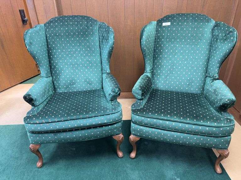 Pair of Green Upholstered Wingback Armchairs image