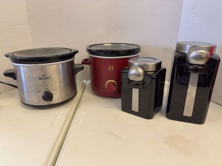 Assorted Kitchenware: Rival Slow Cooker, JB Slow Cooker and 2 Canisters image