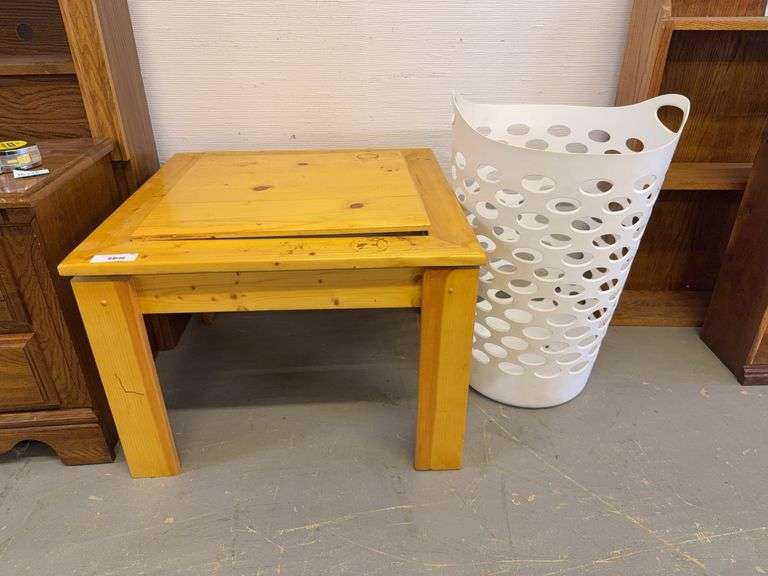 Pine Wood Table with Lift Top (26 x 26 x 19) and Laundry Basket image