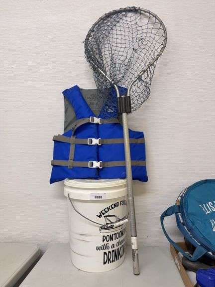 Boating Lot with Life Vest, Bucket, and Fishing Net image