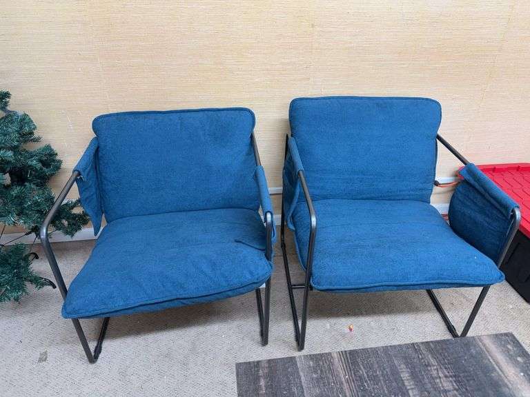 (2) Blue Sling Accent Chairs with Removable Cushions image