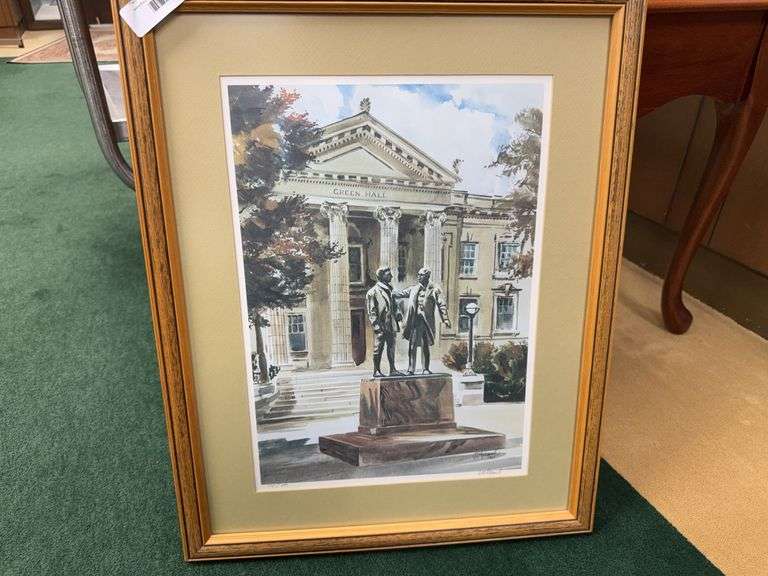 Framed J.R. Hamil 1987 Watercolor Print of Green Hall with Statues image