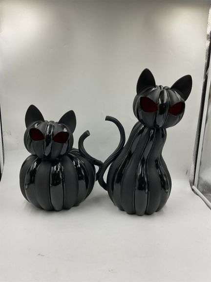 Pre-lit black cat pumpkin set of two image