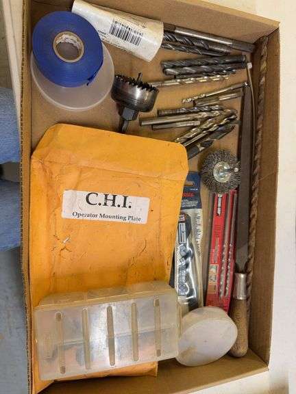 Box of Various Drill Bits, Taps, and Hand Tools image