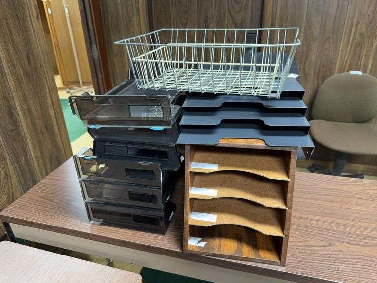 Lot of Office Organization Supplies - Baskets, Trays, and Wooden File Organizer image