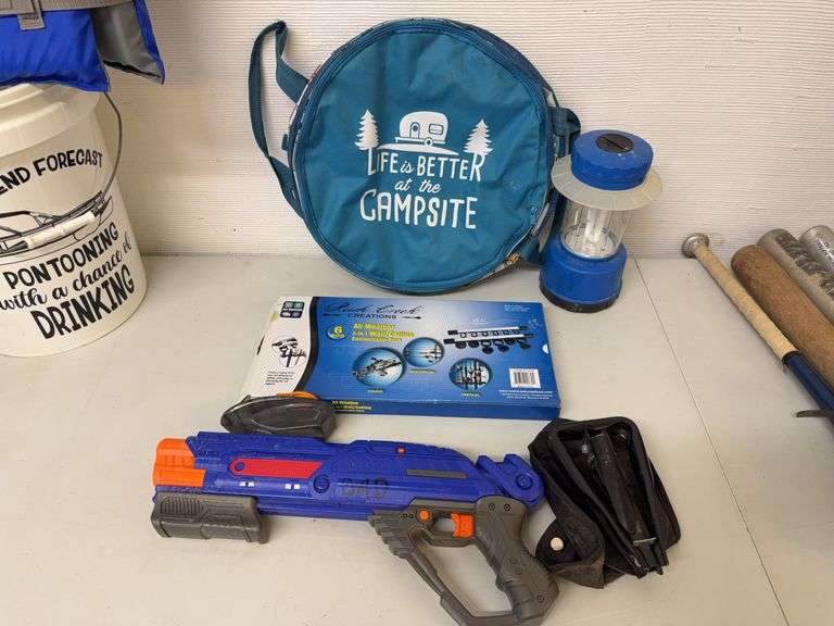 Camping Gear Lot: Bag, Rush Creek Fishing Rod Rack, Shovel, Lantern, Toy image