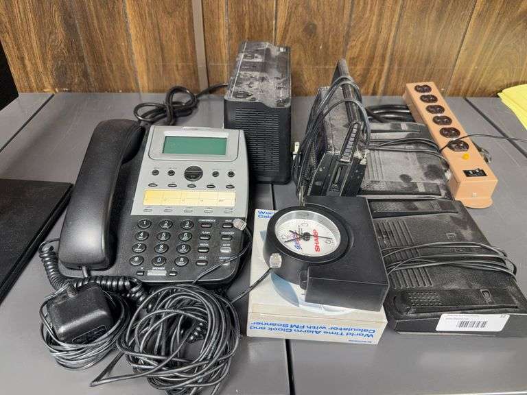 Mixed Lot: Office Phone, Clock, Radio, Foot Pedals, Power Strips, and More image