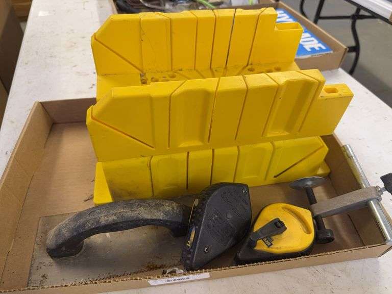 Lot of Assorted Tools Including Miter Boxes, Irwin Strait-Line, and Trowel image