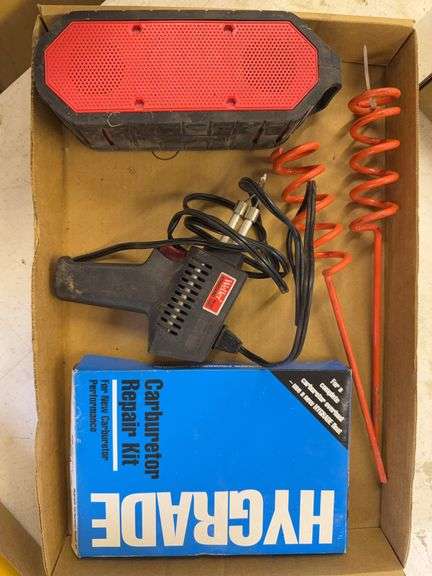 Box Lot with Speaker, Weller Soldering Gun, Carburetor Kit, and More image