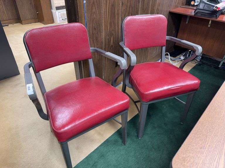 Pair of Red Vinyl Office Chairs with Armrests image