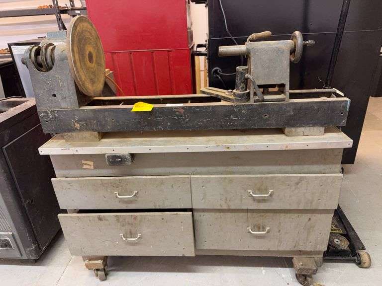 Wood Lathe with Accessories and Cabinet - 46x22x50, powers on image