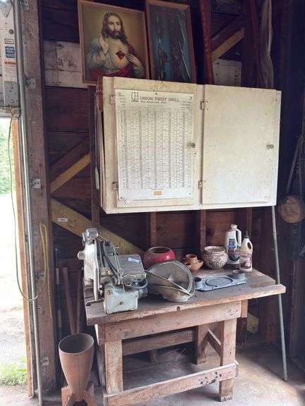 Assorted Garage Items: Meat slicer, Bench, Tools, Vases, and Chemicals image