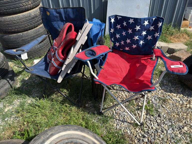 3 Folding Chairs, 1 Life Vest, Side Table image