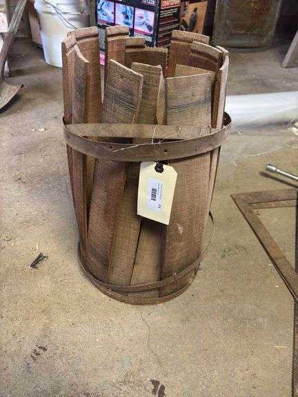 Rustic Wood Barrel Basket with Metal Straps-Need Repairs image