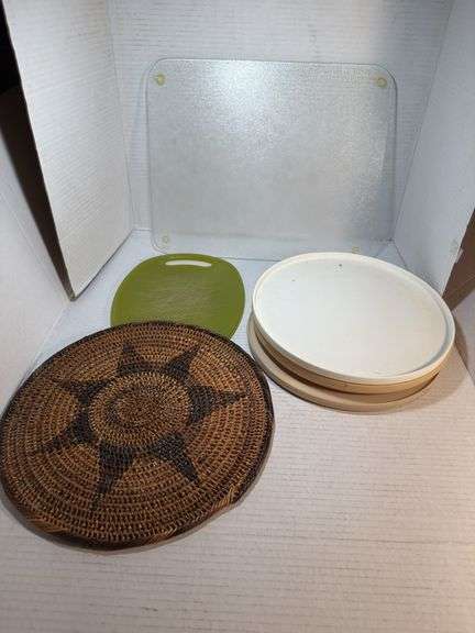Assorted Kitchenware: Cutting Boards, Serving Dishes, and Woven Tray image