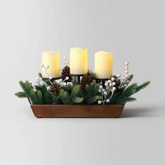 Decorative Faux Candle Centerpiece with Pine and Berries image